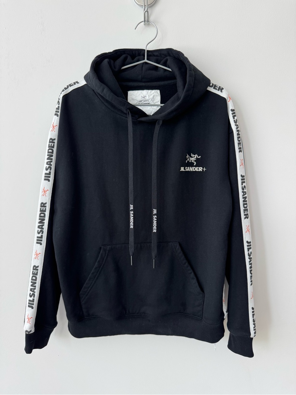 Jil Sander+ x Arc’teryx Collab Black Hoodie with White Logo-Trim Sleeves - Rare
